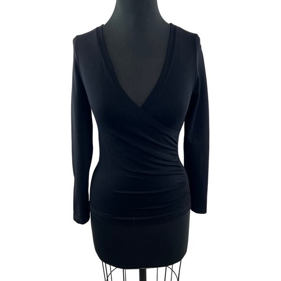 Bordeaux Seamless Black Wrap Blouse Stretch Ruched Deep V-Neck Party/Cocktail - Picture 1 of 9